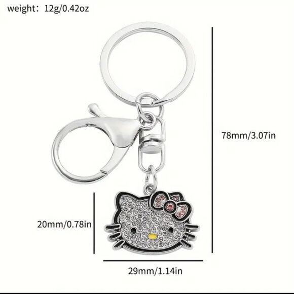 Hello Kitty Rhinestone Keychain Pink Bow Cat Face Charm Fandom Novelty Key Ring - Picture 5 of 8